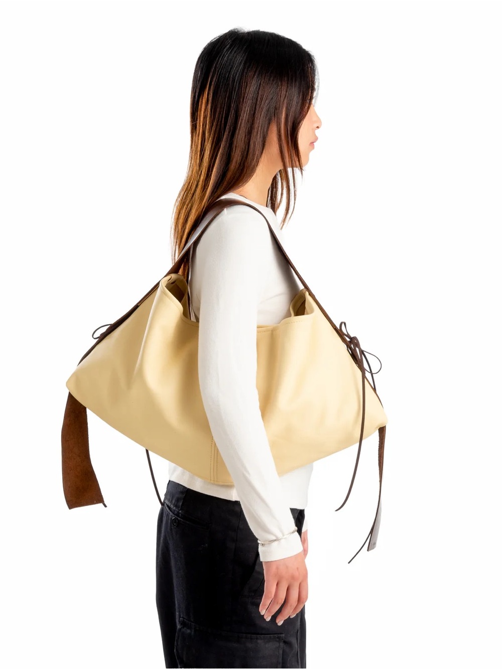 Cream Leather Hobo Bag with Brown Strap